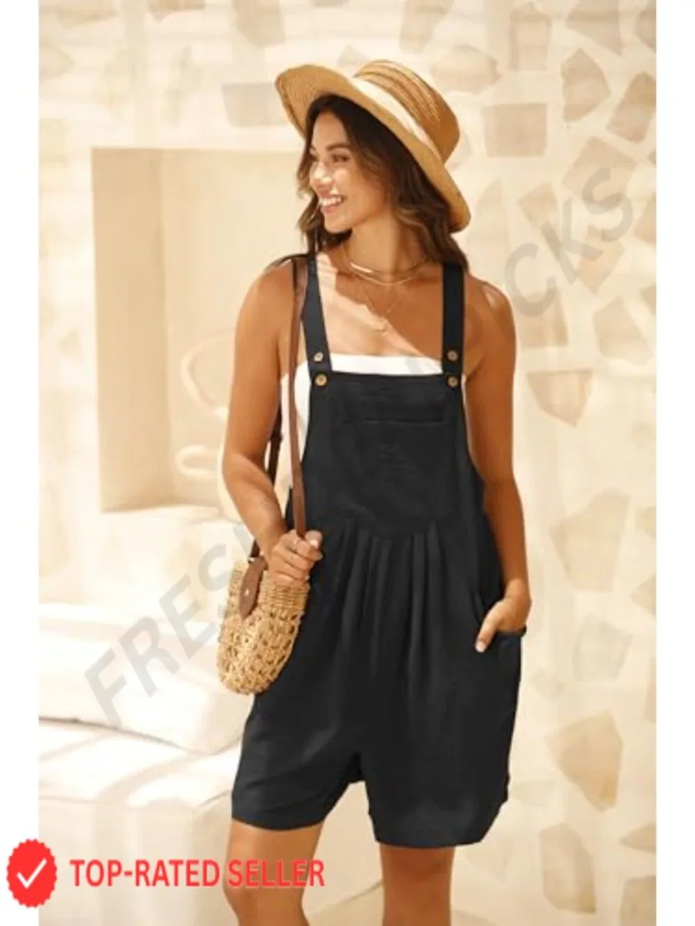 Sleeveless Square Neck Overalls with Pockets, Adjustable Straps, Loose Fit